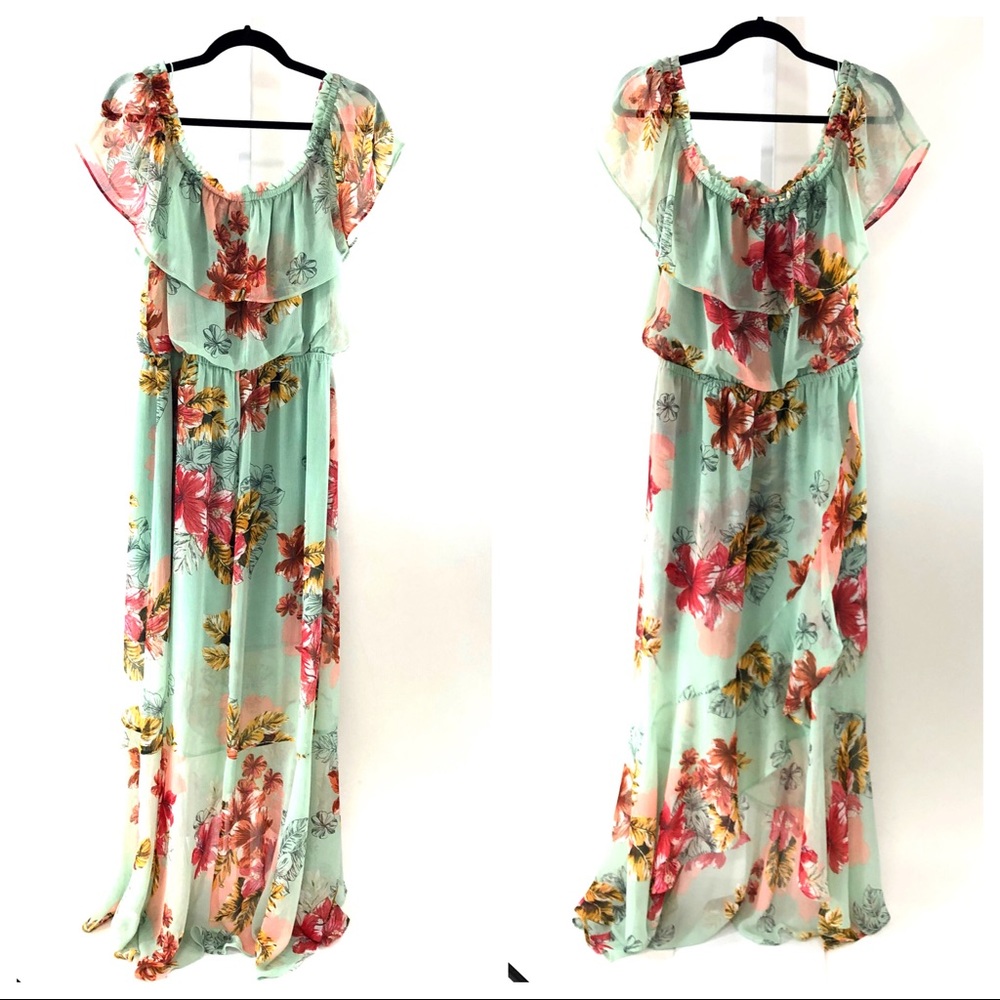 Express Spring Floral Layered Green Flowy Dress L - Picture 1 of 7